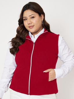 BRINNS - Plus Size Mock Neck Fleece Open Front Jacket Maroon