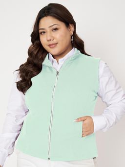 BRINNS - Plus Size Mock Neck Fleece Open Front Jacket Green