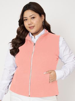 BRINNS - Plus Size Mock Neck Fleece Open Front Jacket Pink