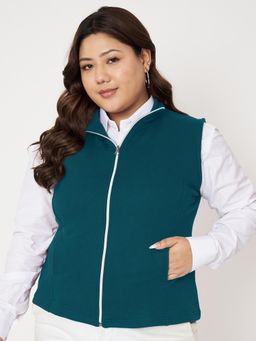 BRINNS - Plus Size Mock Neck Fleece Open Front Jacket Teal