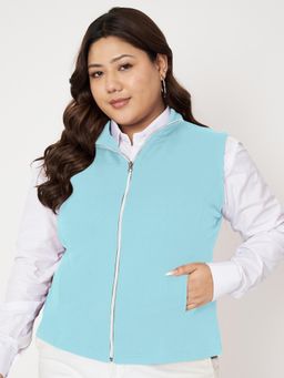 BRINNS - Plus Size Mock Neck Fleece Open Front Jacket Turquoise