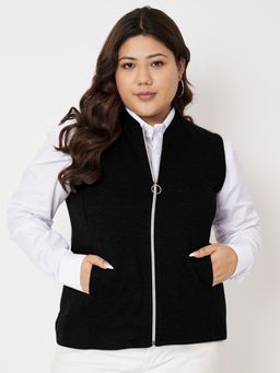 BRINNS - Plus Size Mandarin Collar Fleece Tailored Jacket Black
