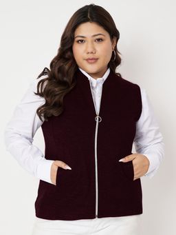 BRINNS - Plus Size Mandarin Collar Fleece Tailored Jacket Burgundy