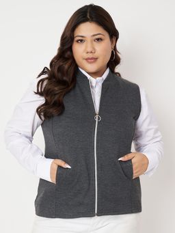 BRINNS - Plus Size Mandarin Collar Fleece Tailored Jacket Charcoal