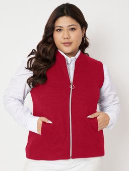 BRINNS - Plus Size Mandarin Collar Fleece Tailored Jacket Maroon