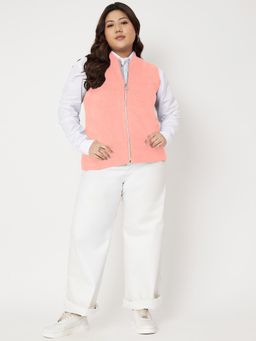 BRINNS - Plus Size Mandarin Collar Fleece Tailored Jacket Pink