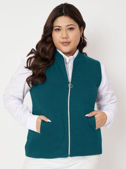 BRINNS - Plus Size Mandarin Collar Fleece Tailored Jacket Teal