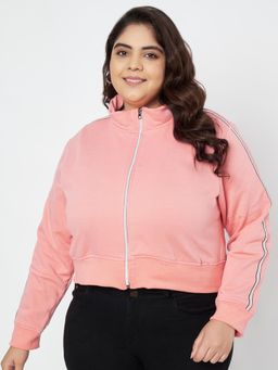 BRINNS - Women Plus Size Mock Collar Solid Fleece Casual Bomber Jacket Pink