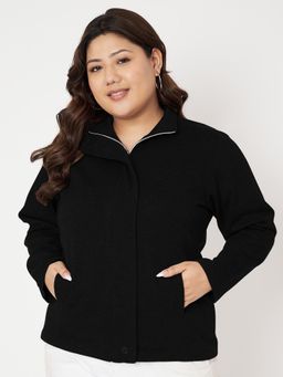 BRINNS - Plus Size Mock Neck Zip Closure Fleece Front Open Jacket Black