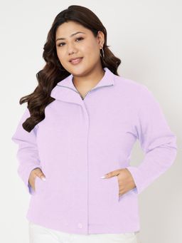 BRINNS - Plus Size Mock Neck Zip Closure Fleece Front Open Jacket Lavender