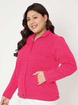 BRINNS - Plus Size Mock Neck Zip Closure Fleece Front Open Jacket Magenta