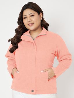 BRINNS - Plus Size Mock Neck Zip Closure Fleece Front Open Jacket Pink
