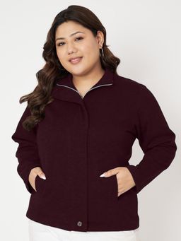 BRINNS - Plus Size Mock Neck Zip Closure Fleece Front Open Jacket Burgundy