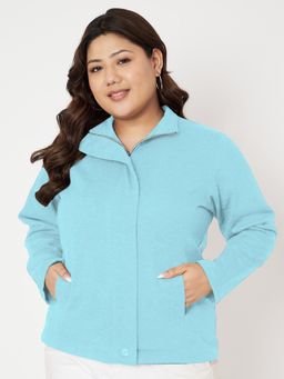 BRINNS - Plus Size Mock Neck Zip Closure Fleece Front Open Jacket Turquoise