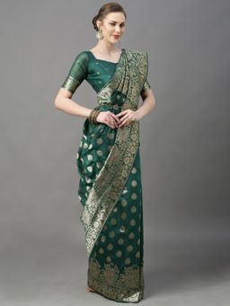 Akhilam - Womens Cotton Silk Green Woven Design Saree with Unstitched Blouse