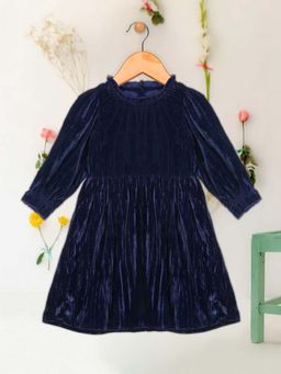 SAKA DESIGNS - Navy Blue Poly Velvet Solid Dress For Girls