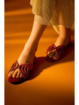 Sana K Luxurious Footwear - Red Synthetic Rhinestone Work Handcrafted Flats