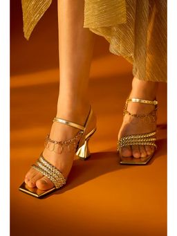 Sana K Luxurious Footwear - Gold Coin Synthetic Braided Strap Heel