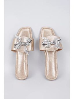 Sana K Luxurious Footwear - Gold Synthetic and Vegan Crystal Bow Embellished Flats
