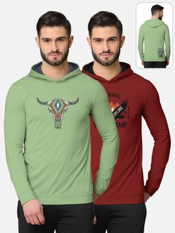 BULLMER - Printed Full Sleeve Hooded T-shirt For Men Green And Red (Pack of 2)