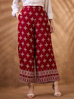 Globus - Women Maroon Ethnic Print Mid Rise Wide Leg Palazzo