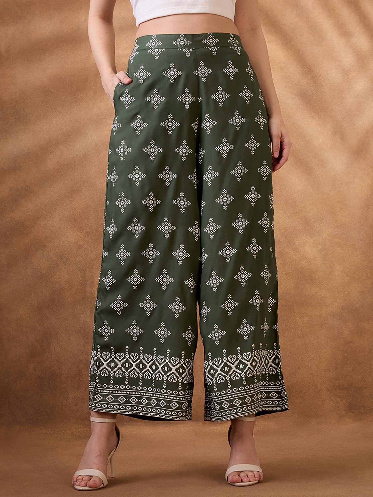 globus Women Green Ethnic Print Mid Rise Wide Leg Palazzo-picture-38