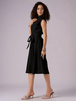 Twenty Dresses by Nykaa Fashion - Womens Black Textured Polyester A-Line Belted Midi Dress