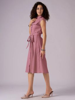 Twenty Dresses by Nykaa Fashion - Womens Mauve Textured Polyester A-Line Belted Midi Dress