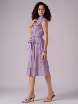Twenty Dresses by Nykaa Fashion - Womens Lavender Textured Polyester A-Line Belted Midi Dress