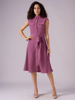Twenty Dresses by Nykaa Fashion - Womens Purple Textured Polyester A-Line Belted Midi Dress