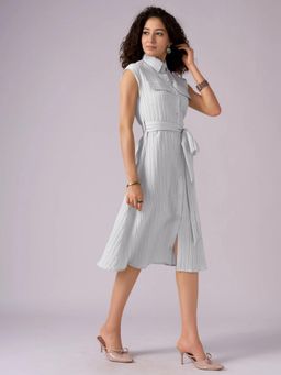 Twenty Dresses by Nykaa Fashion - Womens White Textured Polyester A-Line Belted Midi Dress