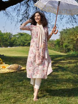 Aurelia - Womens Dusty Pink Floral Cotton Shimmer Straight Kurta, Trouser & Dupatta