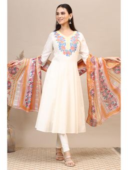 Aurelia - Womens White Embroidered Anarkali Kurta, Leggings, Dupatta