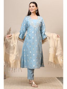 Aurelia - Womens Powder Blue Dori Embroidered A-line Kurta, Palazzo & Dupatta