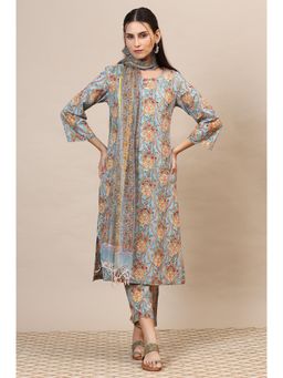Folksong - Womens Blue Handblock Printed Kurta, Straight Pant & Dupatta