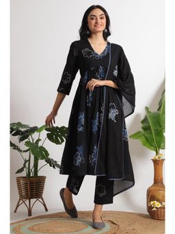 W - Womens Black Floral Pure Cotton Gathered Kurta, Pant & Dupatta