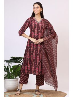 W - Womens Wine Floral Printed Pure Cotton Straight Kurta with Pant & Dupatta