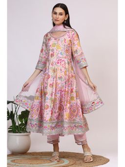 W - Womens Light Pink Floral Printed Muslin Anarkali Kurta, Pant and Dupatta