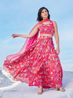 W - Womens Pink Floral Embellished Chiffon Sleeveless Crop Top with Skirt & Dupatta