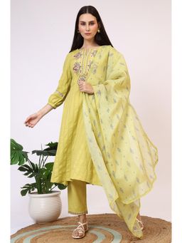 W - Womens Light Green Embroidered Seer Sucker Flared Kurta, Pant & Dupatta