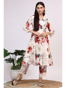 W - Womens White Bold Floral Printed Pure Cotton Swiss Dot Flared Kurta & Pant