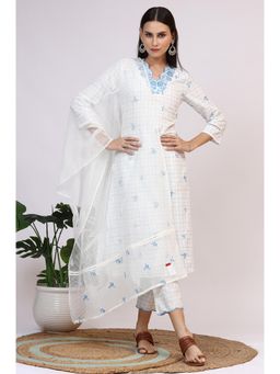 W - Womens White Embroidered Checker Pure Cotton Straight Kurta, Pant & Dupatta