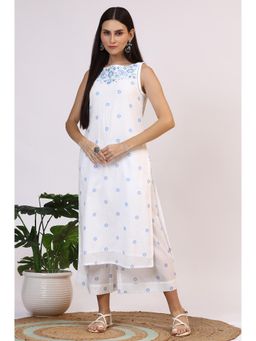 W - Womens White Checks Embroidered Straight Kurta and Flared Palazzo