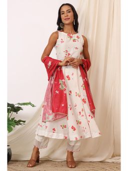 W - Womens Off White Bold Floral Chanderi Anarkali Kurta with Pant & Dupatta