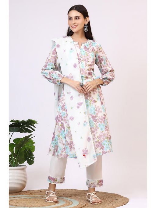 W Womens Purple Floral Crinkle Cotton Flared Kurta, Pant & Dupatta