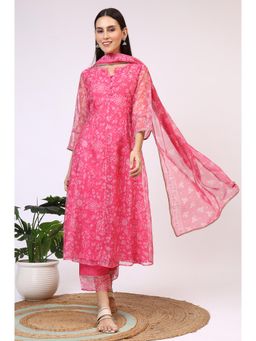 W - Womens Pink Floral Organza A-line Kurta, Pant & Dupatta