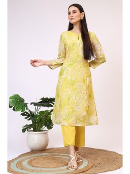 W - Womens Yellow Floral Printed Straight Kota Kurta and Pant