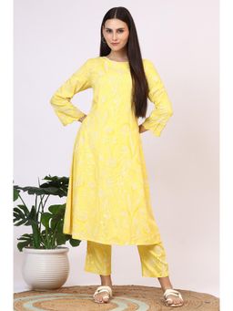 W - Womens Yellow Floral Printed Rayon A-line Kurta and Pant