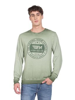 Flying Machine - Crew Neck Brand Print Cotton Green Sweatshirt