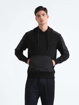 Flying Machine - Solid Cotton Hooded Black Sweatshirt